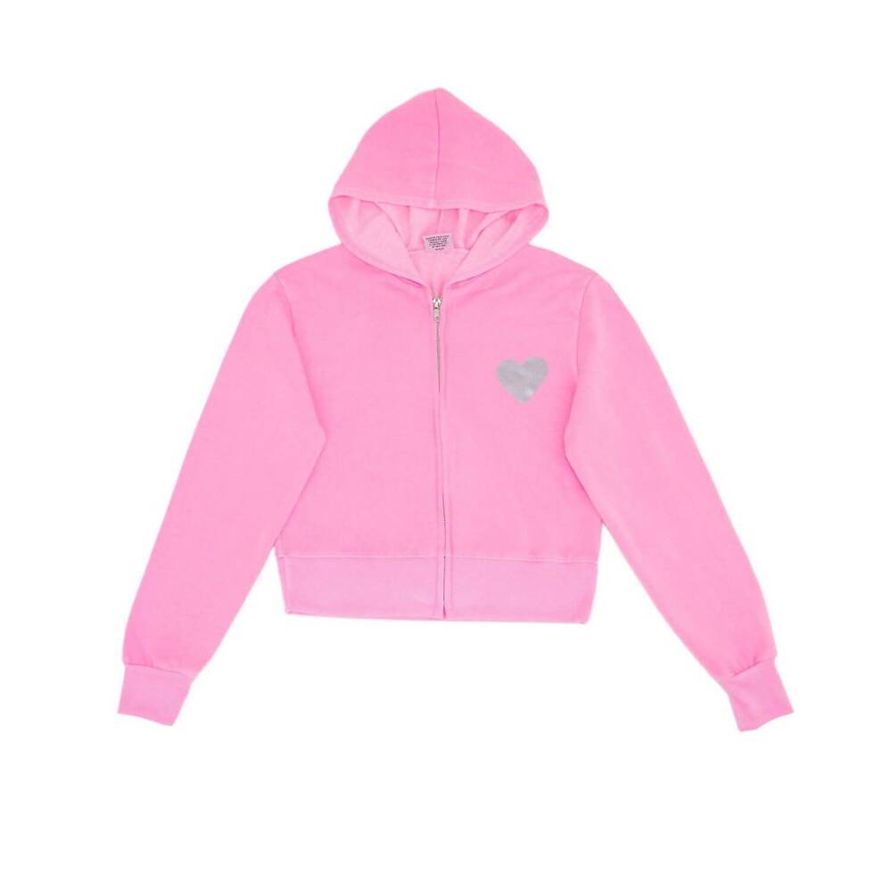 NEW FIREHOUSE girl's silver heart back toss zip hoodie in neon pink